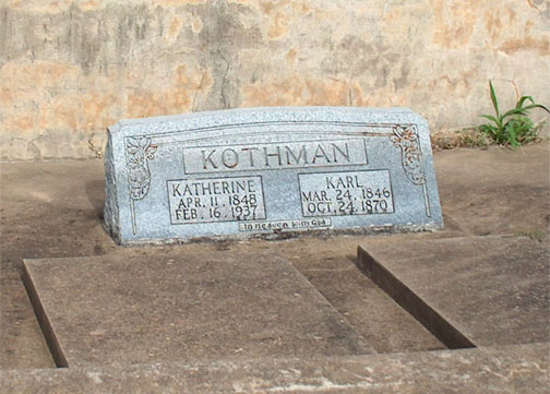 Close-up, color photo of grave marker for Karl and wife Katherine (Hoerster) Kothmann.